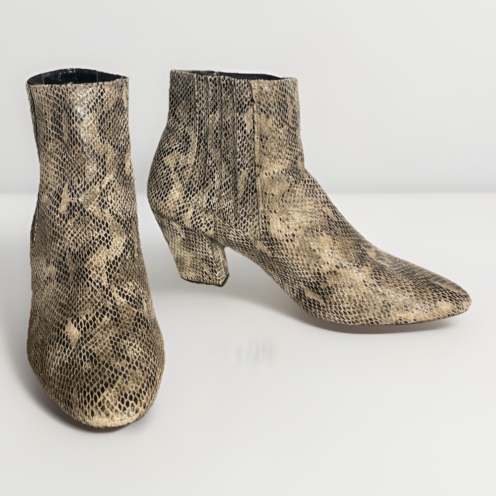 ASOS Boots Women's 8 Faux Snakeskin Ankle‎ Boots Tan Black Slip 3" Chunky Heel